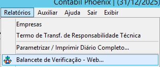 Menu do software Contábil Phoenix destacando a opção "Balancete de Verificação - Web" no caminho de relatórios do sistema.