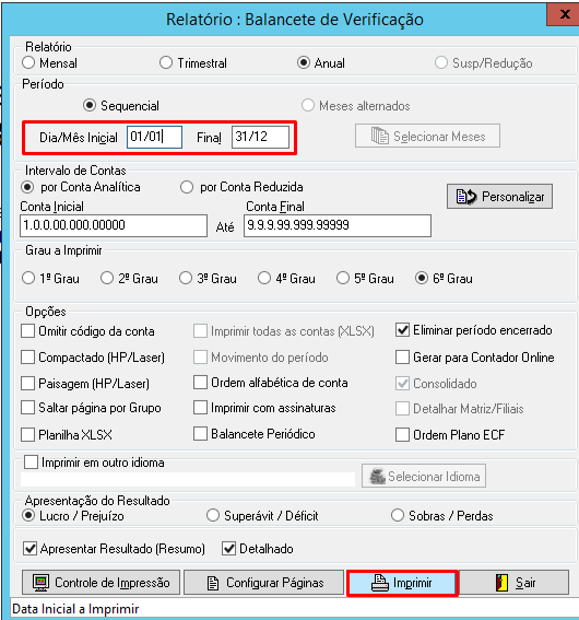 Tela de configuração do Balancete de Verificação com período sequencial de 01/01 a 31/12 e filtros de conta e grau de impressão selecionados.
