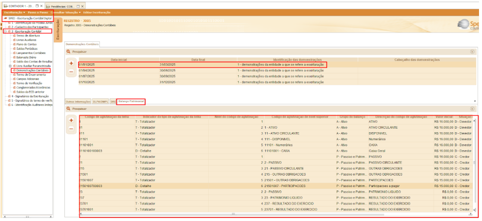 Interface do validador SPED ECD mostrando o Registro J005 (Demonstrações Contábeis) e a estrutura detalhada do Balanço Patrimonial por aglutinação.