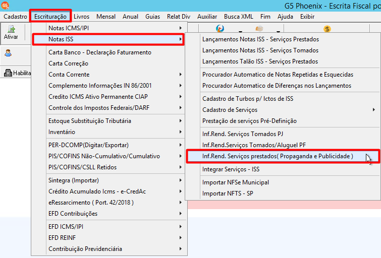 Menu Escrituração, opção Notas ISS, selecionando 'Inf.Rend. Serviços prestados (Propaganda e Publicidade)' no sistema G5.