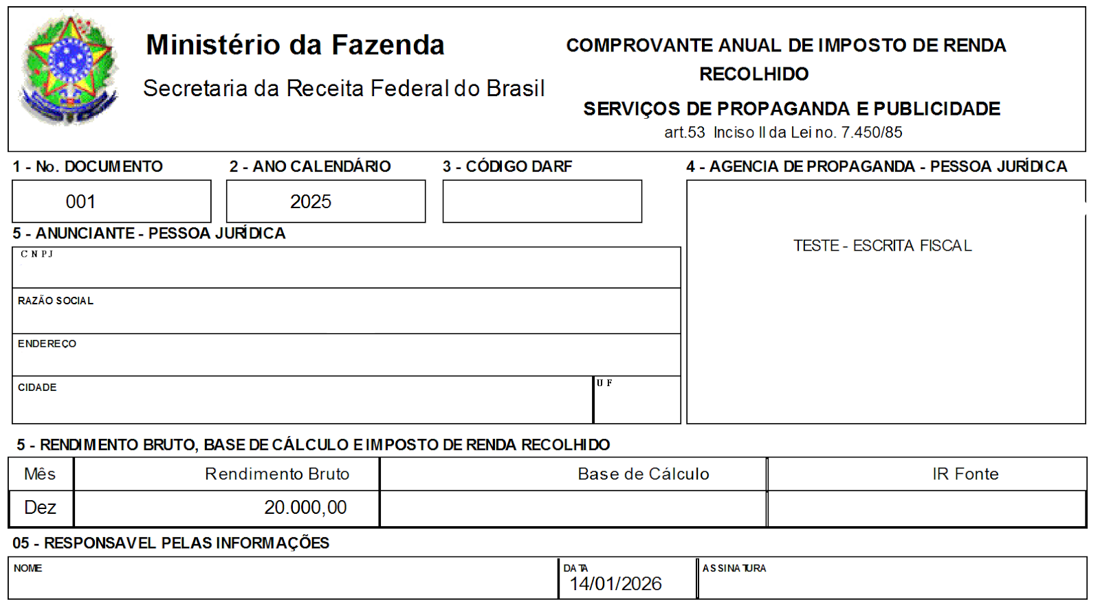 Comprovante Anual de Imposto de Renda de Serviços de Propaganda e Publicidade, exibindo o rendimento bruto e o código DARF.