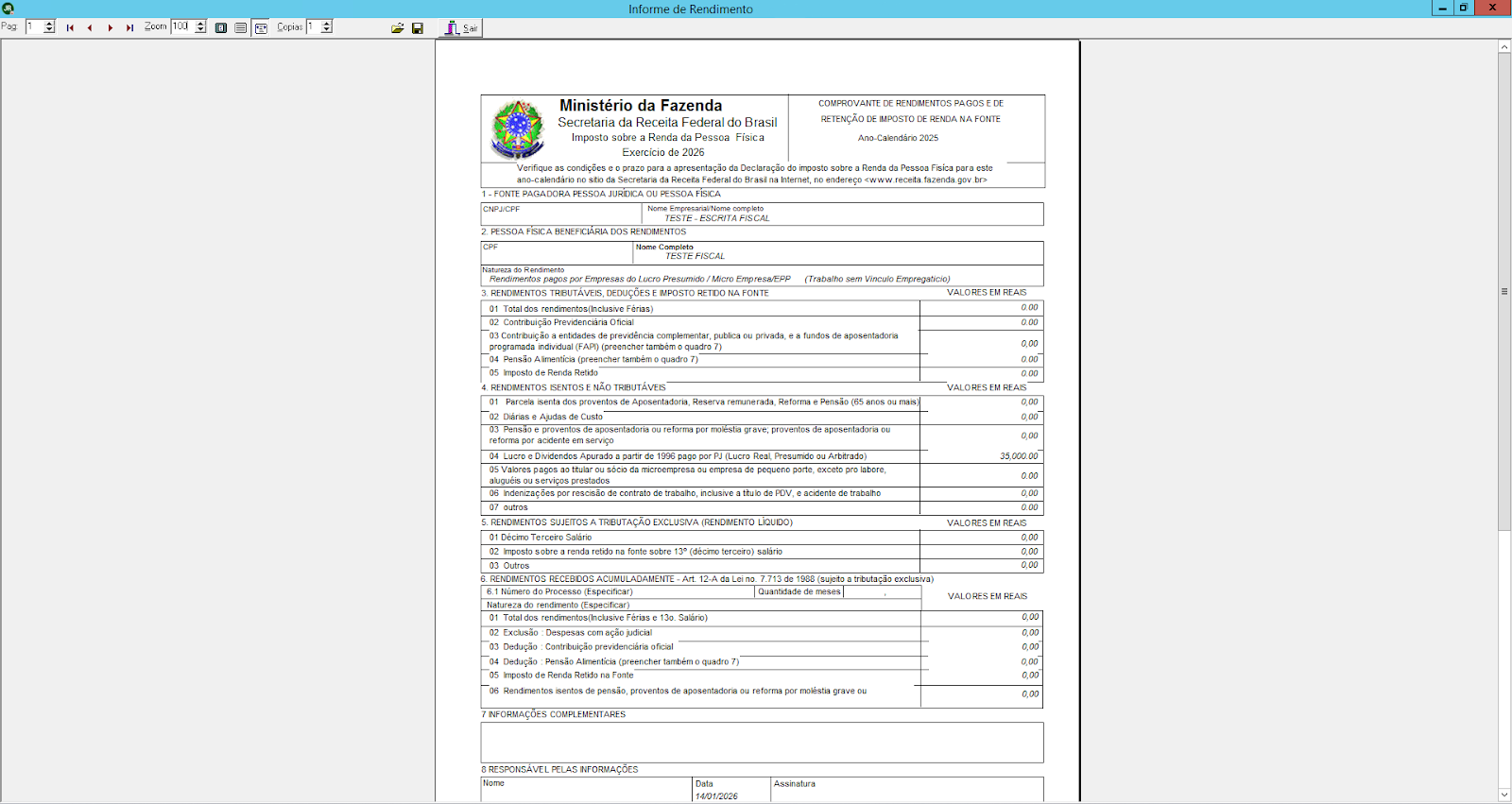 Visualização do documento oficial 'Comprovante de rendimento pagos e de retenção de Imposto de Renda na Fonte' preenchido com dados fiscais.