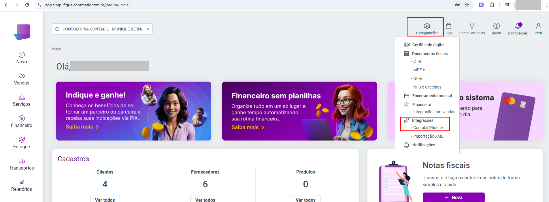 Interface do software Simplifique com menu "Configurações" aberto, destacando a opção "Integrações - Contábil Phoenix" em um quadro vermelho.