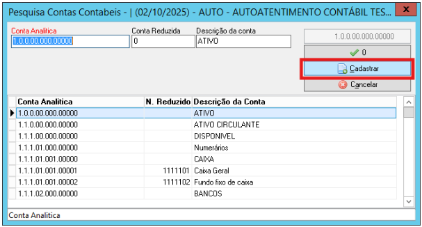Janela "Pesquisa Contas Contabeis" exibindo o plano de contas. O botão "Cadastrar" está destacado em vermelho à direita.