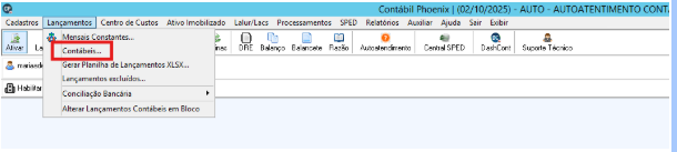 Menu do software Contábil Phoenix com a opção "Lançamentos" selecionada e o item "Contábeis..." em destaque por um retângulo vermelho.
