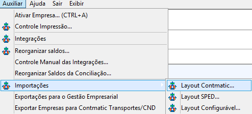 Seleção do menu Auxiliar, seguido de Importações e a opção Layout Contmatic no sistema contábil.