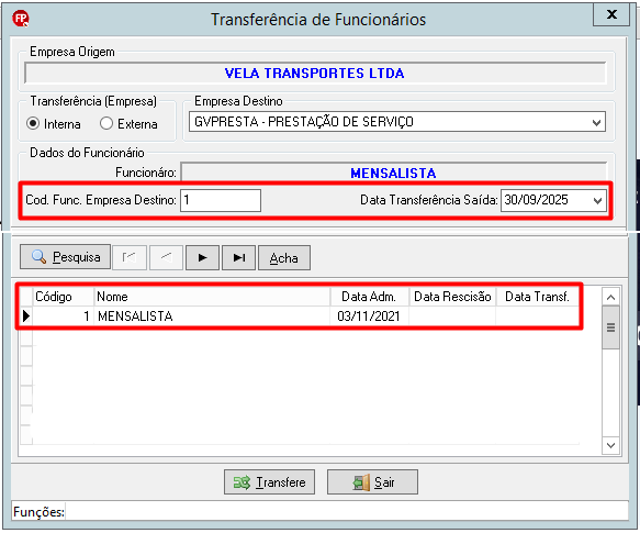 Formulário de transferência preenchido com dados da empresa destino, funcionário e data de saída.
