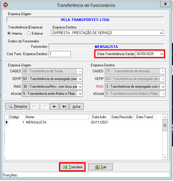 Tela do software "Transferência de Funcionários" preenchida com dados do colaborador, empresa destino e códigos de envio para órgãos reguladores.