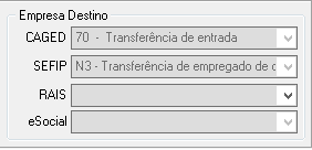 Interface de "Empresa Destino" com campos de seleção para os sistemas CAGED, SEFIP, RAIS e eSocial para registro de transferência de entrada.