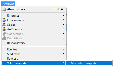 Menu suspenso do software de folha de pagamento destacando o caminho: Vale Transporte seguido pela opção Meios de Transporte.