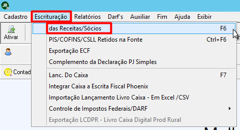Menu 'Escrituração' do sistema expandido com a opção 'das Receitas/sócios' selecionada, indicando o caminho para o acesso à rotina.