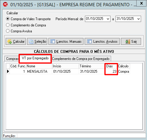 Aba "VT por Empregado" mostrando o funcionário "MENSALISTA" com 23 dias de vale transporte calculados.