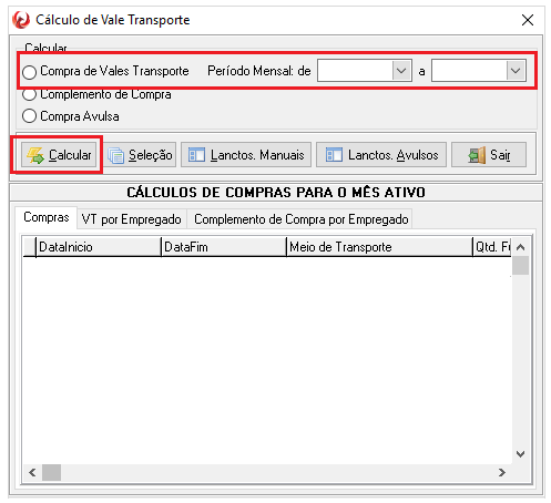 Tela "Cálculo de Vale Transporte" destacando a opção "Compra de Vales Transporte" e o botão "Calcular".