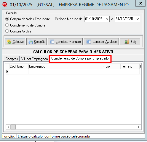 Aba "Complemento de Compra por Empregado" exibindo uma tabela vazia para registros de complementos.
