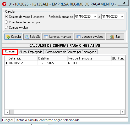 Retorno à aba "Compras" após o ajuste manual, mantendo o registro do período de outubro.