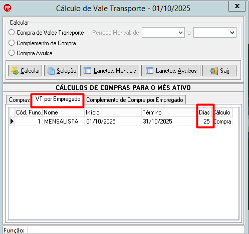 Aba "VT por Empregado" atualizada, agora exibindo o total de 25 dias calculados para o funcionário.