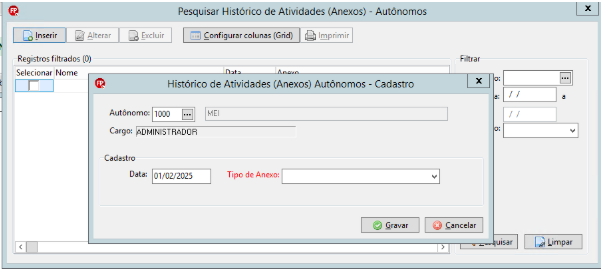 Tela de cadastro de Histórico de Atividades para Autônomos, mostrando o campo de Data preenchido como 01/02/2025.