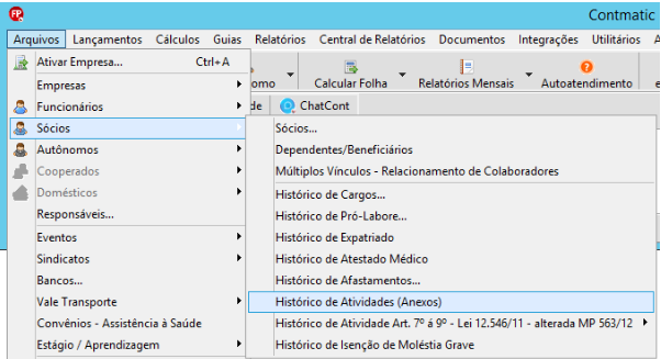 Menu Arquivos > Sócios > Histórico de Atividades (Anexos) selecionado no sistema de folha de pagamento.