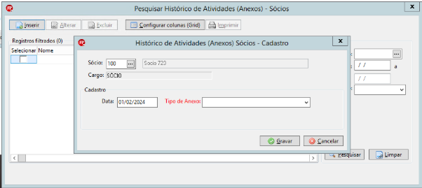 Interface de inclusão de Histórico de Atividades para Sócios, exibindo campos para Data e seleção do Tipo de Anexo.