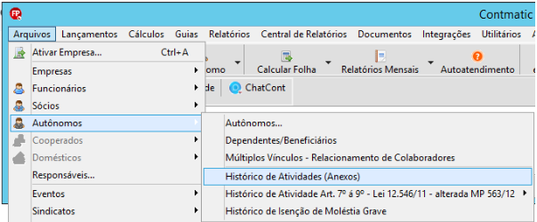 Menu Arquivos > Autônomos > Histórico de Atividades (Anexos) destacado na barra de ferramentas superior.