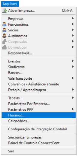 Menu de sistema com a opção "Horários..." selecionada em destaque azul.