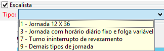 Menu suspenso do campo "Tipo" aberto, exibindo opções como "Jornada 12 X 36", "Horário fixo e folga variável" e "Turno de revezamento".