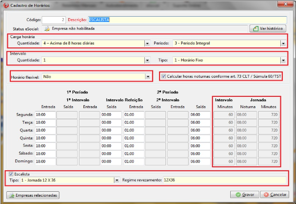 Tela de "Cadastro de Horários" completa, mostrando grades de horários semanais (18:00 às 06:00), configurações de carga e rodapé de Escalista.
