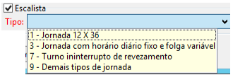 Seleção do tipo de jornada para escalista, destacando opções como 12x36 e turno ininterrupto.