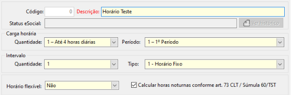 Cabeçalho do cadastro configurado para "Horário Teste" com carga de até 4 horas diárias.