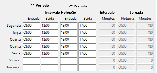 Grade de horários para jornada de 8 horas: 08:00 às 12:00 e 13:00 às 17:00, com 1 hora de intervalo.