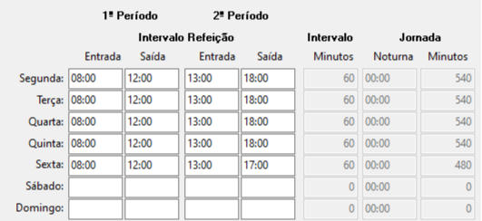Grade com jornada estendida: segunda a quinta até as 18:00 (540 min) e sexta até as 17:00 (480 min).