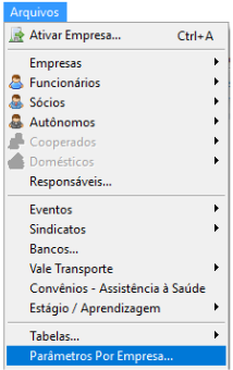 Menu de sistema de folha de pagamento com a opção "Parâmetros Por Empresa" selecionada em destaque azul no final da lista.