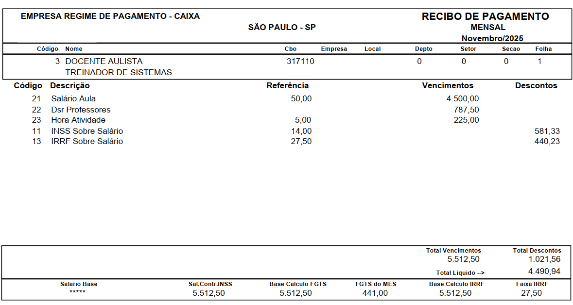 Holerite de novembro/2025 de um docente aulista, detalhando salário aula, DSR, hora atividade, descontos e valor líquido.