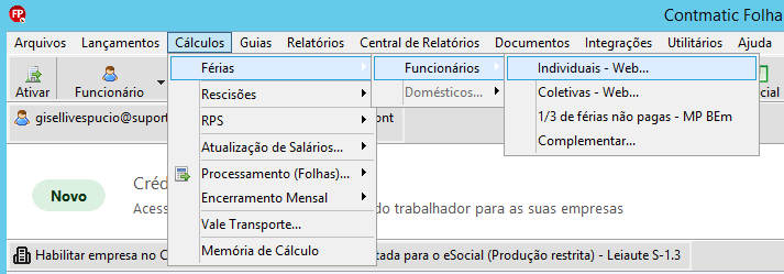 Menu superior do software Contmatic Folha, com os submenus "Cálculos", "Férias" e "Funcionários" selecionados para acesso às férias individuais.
