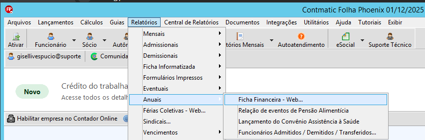 Menu do software Contmatic Folha Phoenix com o caminho Relatórios > Anuais > Ficha Financeira - Web selecionado.
