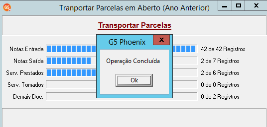 Janela de progresso da rotina Transportar Parcelas em Aberto com uma mensagem central de Operação Concluída e botão Ok.