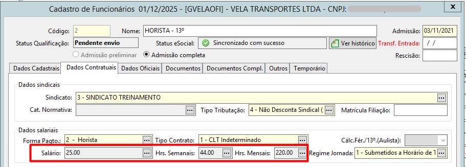 Tela de cadastro de funcionário horista, jornada semanal de 44h e mensal de 220hs.