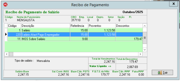 Recibo de pagamento detalhando proventos de Salário e Salário Afastamento Pago pelo Empregador, totalizando 30 dias.