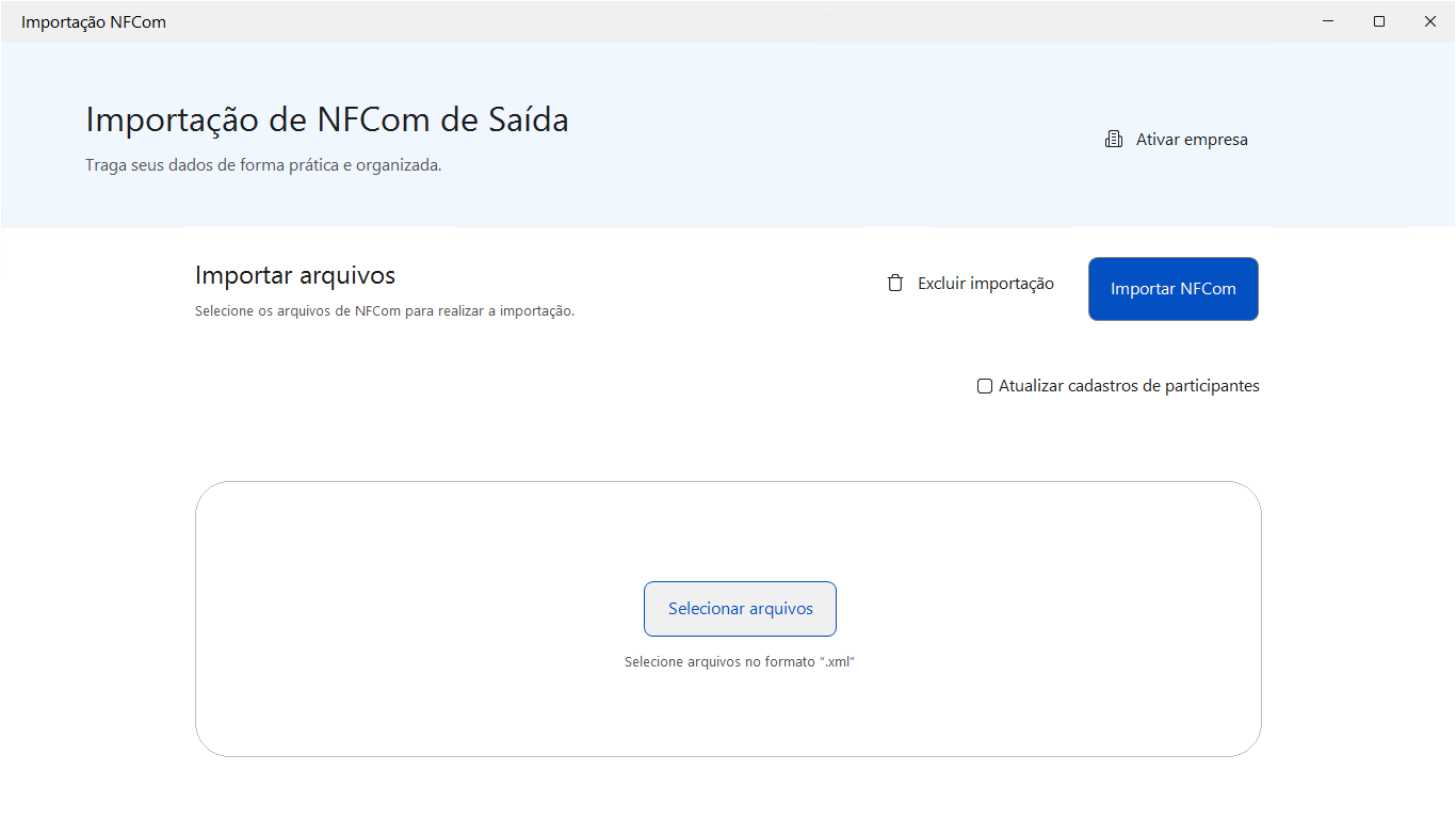  Tela 'Importação de NFCom de saída' exibindo o botão central 'Selecionar arquivos' e a opção 'Importar NFCom' no canto superior direito.