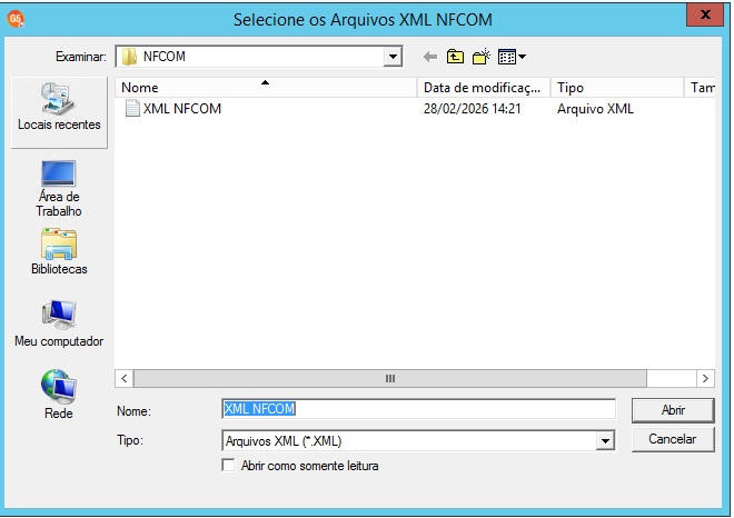 Janela de seleção de arquivos com título 'Selecione os arquivos xml NFCom' para localizar o diretório e abrir o arquivo xml correspondente.