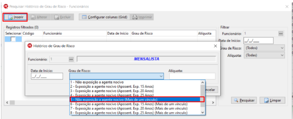 Janela Histórico de Grau de Risco com o menu suspenso selecionando a opção 5 (Mais de um vínculo).