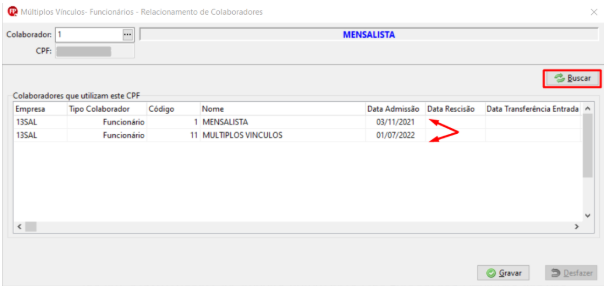 Tela de Relacionamento de Colaboradores listando dois vínculos diferentes para o mesmo CPF.