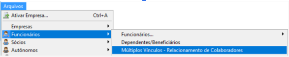 Menu do sistema destacando o caminho: Funcionários > Múltiplos Vínculos - Relacionamento de Colaboradores.