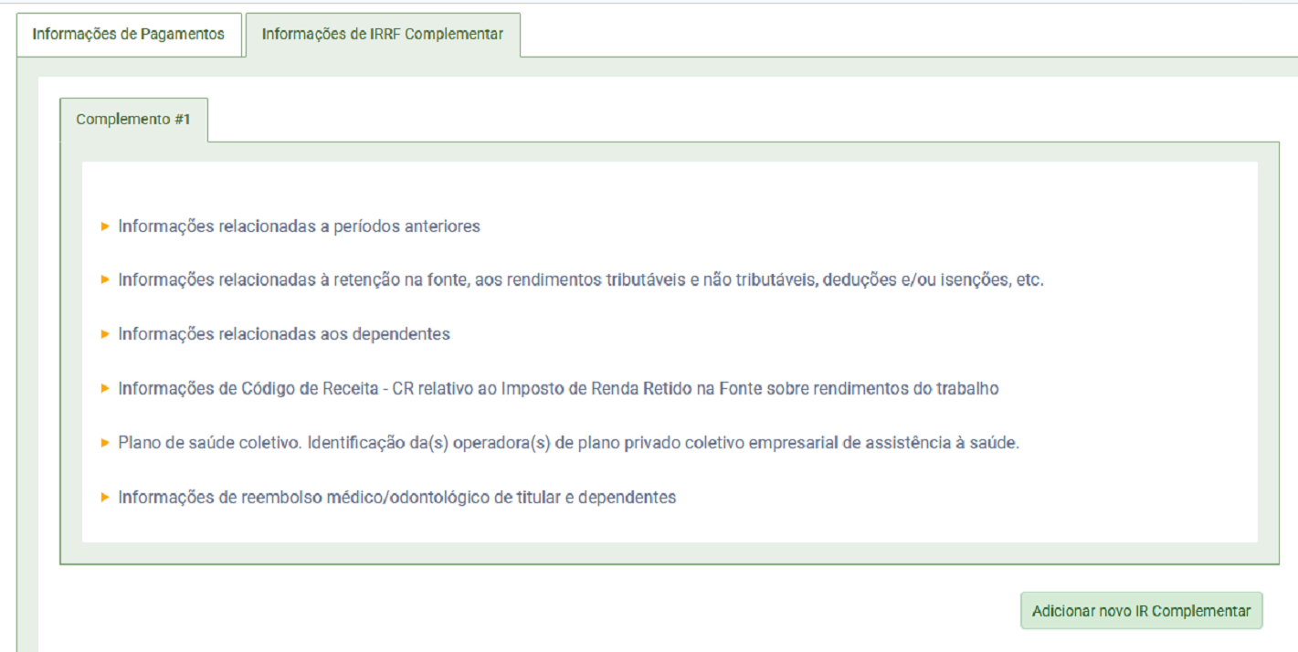 Tela do sistema com a aba 'Informações de IRRF complementar' selecionada, exibindo tópicos expansíveis para detalhamento de retenções e planos de saúde.