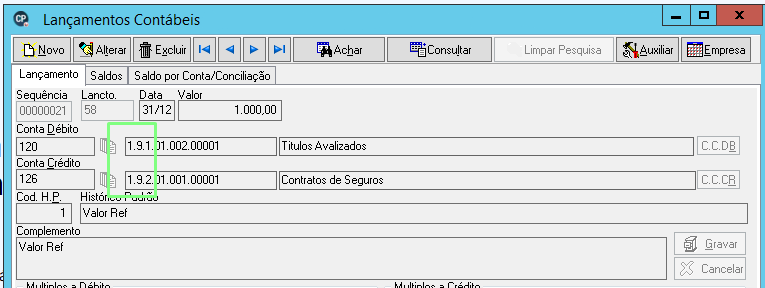 Tela de Lançamentos contábeis destacando o registro a débito e a crédito realizados exclusivamente entre contas de compensação.