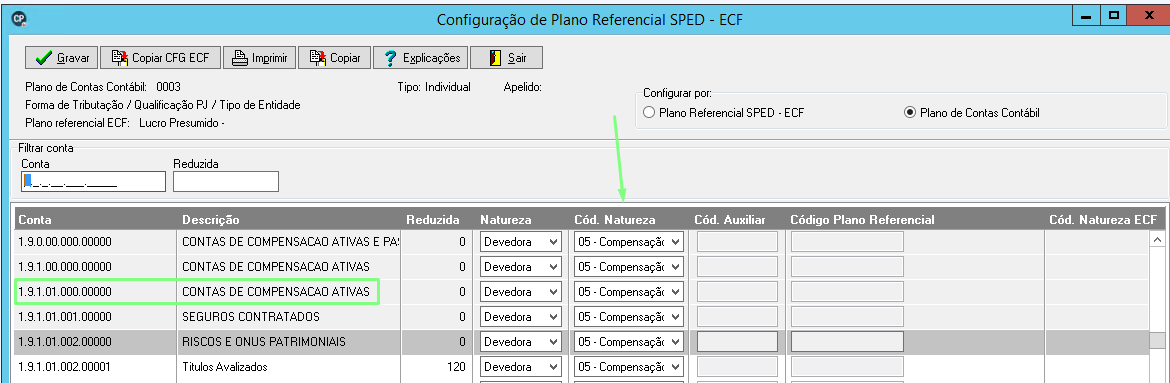 Tela de configuração do plano referencial indicando a conta de compensação ativa com a natureza '05 - Compensação'.