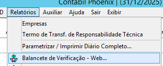 Menu do sistema Contábil com a opção 'Balancete de verificação - Web...' selecionada na aba de relatórios.