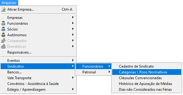Menu do sistema percorrendo Arquivos > Sindicatos > Funcionários > Categorias \ Pisos Normativos.