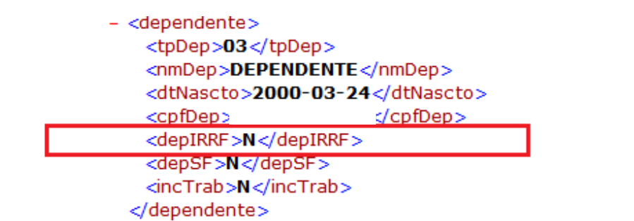 Trecho de arquivo XML exibindo dados de dependente, com destaque para a tag de dependente de IRRF preenchida com o valor 'N'.