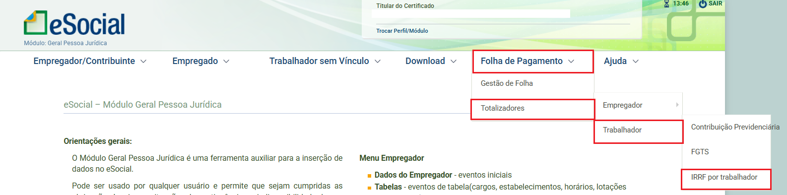 Menu superior do eSocial destacando o caminho: 'Folha de pagamento', 'Totalizadores', 'Trabalhador' e 'IRRF por trabalhador'.